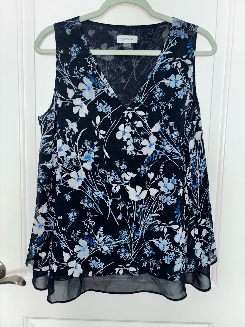 Calvin Klein Navy Black Floral V-Neck Sleeveless Blouse
